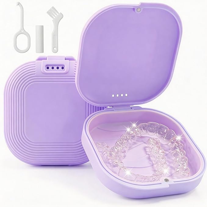 Retainer Case with Vent Holes, Aligner Case for Invisalign, Portable Aligner Kit, Removable Silicone Liner, Orthodontic Storage Box Secure Magnetic Closure for Travel - Purple