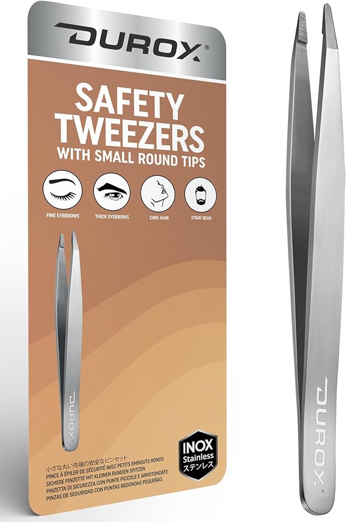 DUROX Round-Tip Tweezers — Gentle Chin & Facial Hair Removal for Women. Precision tweezers with small rounded/blunt tips for safe brow shaping and chin hair removal. Made of Stainless Steel