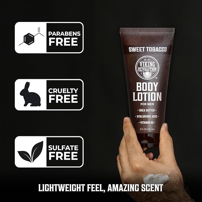 Viking Revolution Sweet Tobacco Body Lotion for Men –Mens Lotion for Dry Skin with Shea Butter, Hyaluronic Acid and Vitamin B5 – Nourishing Mens Body Lotion for Hydrated and Smooth Skin (8oz, 1 Pack)