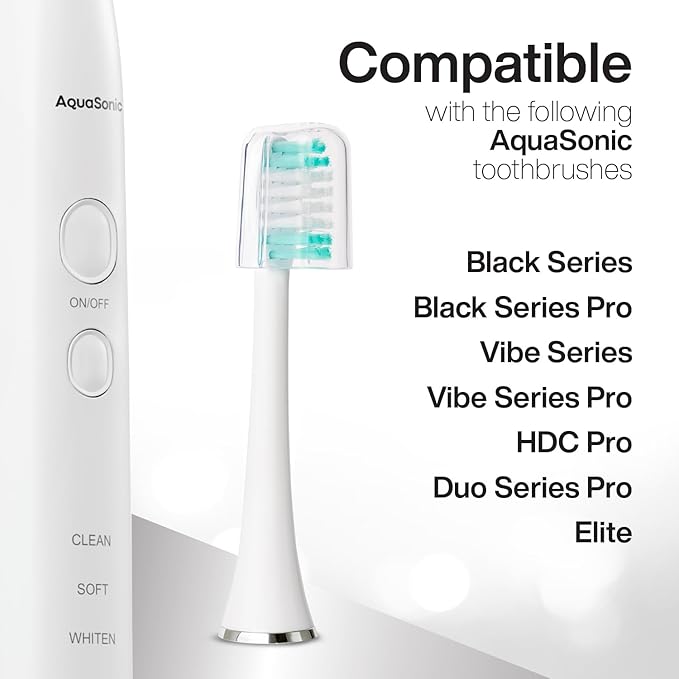 AquaSonic Genuine Standard Replacement Brush Heads | ADA Accepted | for Normal & Sensitive Teeth | Compatible with Many AquaSonic Toothbrush Handles (8 Pack White)