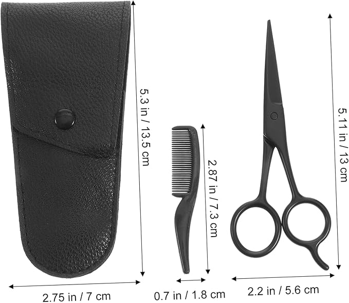 minkissy 3pcs Beard Trimming Scissors Set with Comb and Pu Leather Storage Bag Stainless Steel Mustache and Eyebrow Care Tools for Professional and Home Grooming