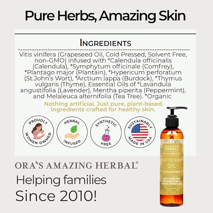 Ora's Amazing Herbal After Shave Oil For Women, After Sun and Dry Skin Moisturizer, Botanical Nourishing Herbs and Essential Oils, Razor Burn, Sunburn Relief, 7.5 oz with Pump