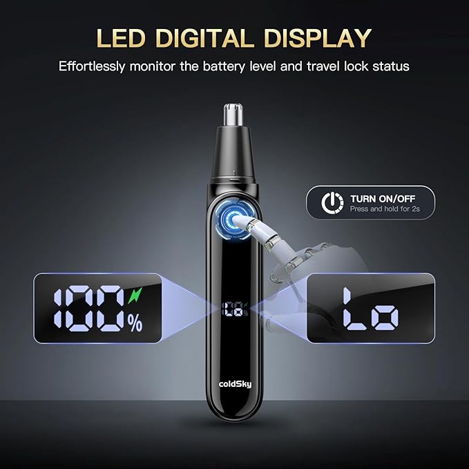 coldSky Ear & Nose Hair Trimmer with LED Display for Men Women - Professional Painless Eyebrow & Facial & Nose Hair Trimmer, USB Rechargeable, Dual-Edge Blades for Smoother Cutting Black