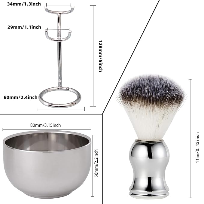 Grandslam Shaving Brush and Bowl Kit for Men, 3 in 1 Shaving Brush Set, Stainless Steel Shaving Bowl and Stand, Shaving Brush, Shaving Kit for Men, Silver