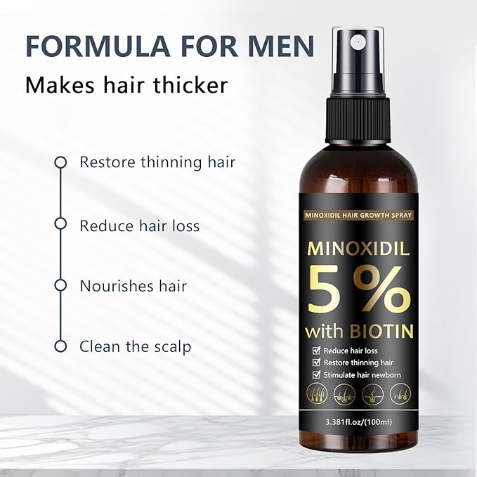 5% Minoxidil Hair & Beard Growth Spray with Biotin for Men & Women, Hair Regrowth, Treatment for Hair Loss & Thinning, for Stronger Thicker Fuller Healthier Hair, for All Hair Types (3.38 oz, Black)