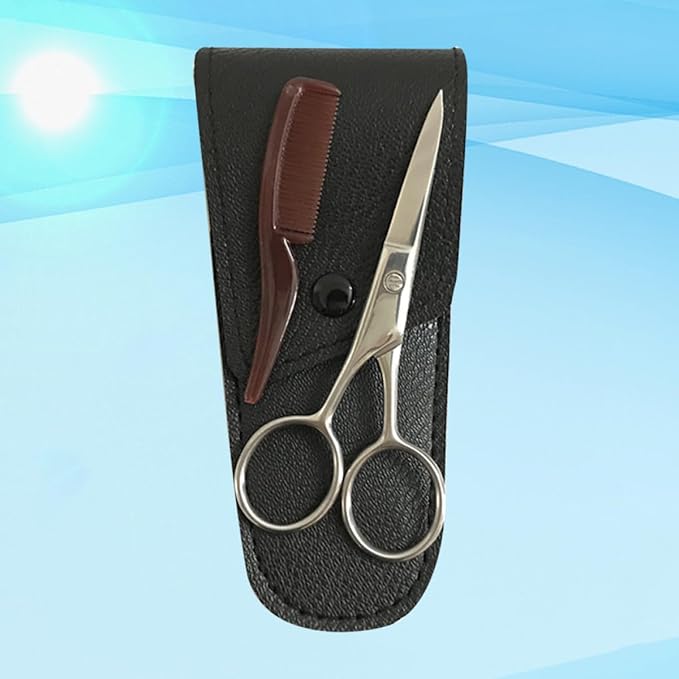 Amosfun Stainless Steel Eyebrow Scissors 2pcs Set Black Beard Trimming Mustache Grooming Shears for Precision Facial Hair Care