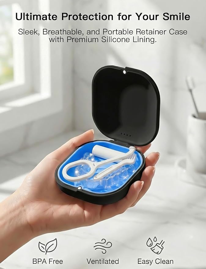 Retainer Case with Vent Holes, Aligner Case for Invisalign, Portable Aligner Kit, Removable Silicone Liner, Orthodontic Storage Box Secure Magnetic Closure for Travel - Black
