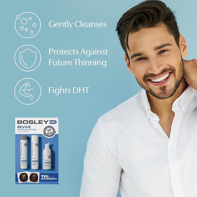 BosleyMD BOSRevive Volumizing Hair System for Non Color-Treated Hair – DHT-Blocking Shampoo, Conditioner & Thickening Treatment – Helps Restore & Thicken Visibly Thinning Hair Starter Size (30 Days)