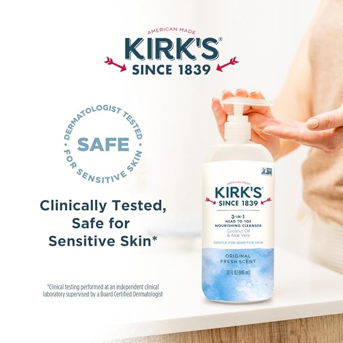 Kirk's 3-in-1 Head to Toe Nourishing Liquid Cleanser- for Men, Women & Children - Premium Coconut Oil & Aloe Vera- Non GMO & Vegan -Original Fresh Scent - 32 Fl Oz