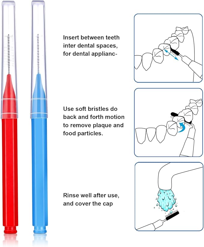 Patelai 100 Pieces Braces Brush for Cleaner Interdental Brush Toothpick Dental Tooth Flossing Head Oral Dental Hygiene Flosser Toothpick Cleaners Tooth Tool(Blue, Red,Suitable Size)