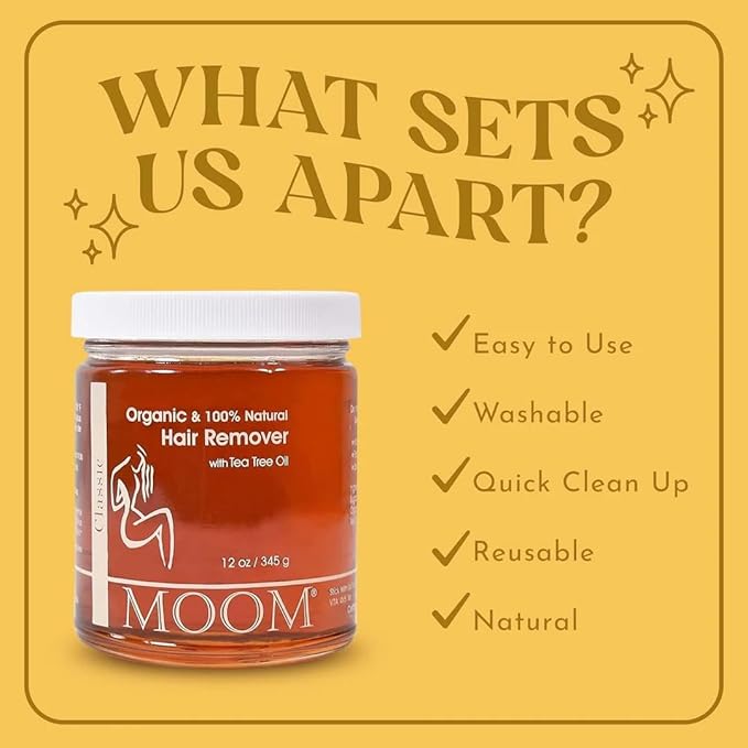 MOOM Organic Sugar Wax with Tea Tree Oil (12 oz) + 48 Reusable Polycotton Waxing Strips – Gentle Hair Removal Kit for Face, Bikini, Legs & Body – Natural & Vegan for Women & Men (Sticks NOT Included)