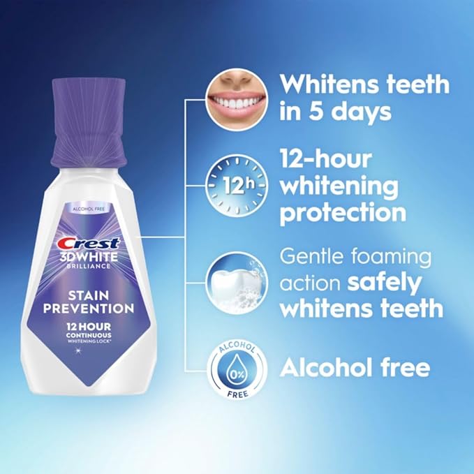 Crest 3D White Brilliance Stain Prevention Mouthwash/Rinse 473 mL- 12-Hour Stain Prevention,Alcohol Free,(Pack of 2)