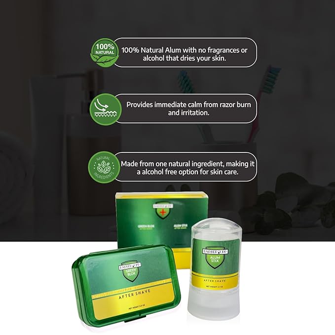 Natural Alum Block Aftershave Care - 3.5 oz / 100g, Shaving Essential for Men - Skin Soothing Styptic Green Blok - Prevents Razor Nicks - Post Shave with Portable Travel Case – Combo Pack