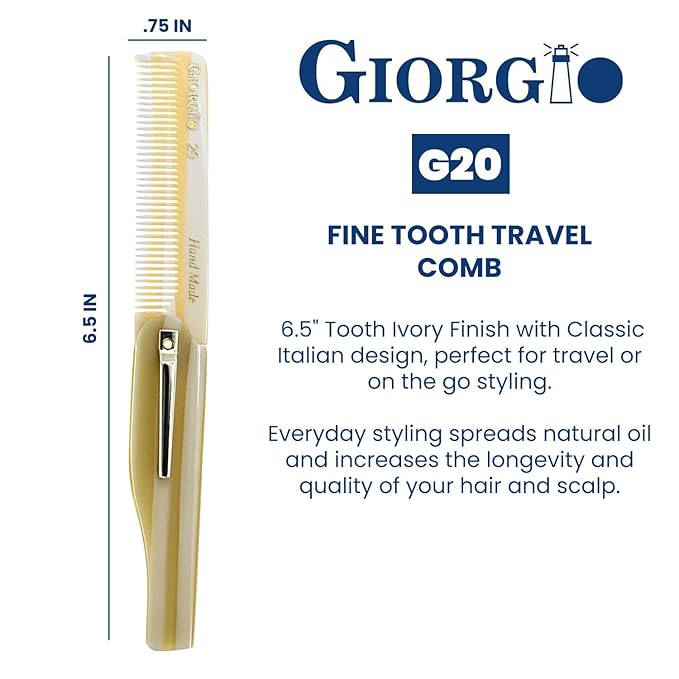 Giorgio G20 Fine Tooth Folding Mustache and Beard Comb - Small Pocket Comb for Everyday Hair Care and Styling - Sawcut and Hand Polished (Ivory)