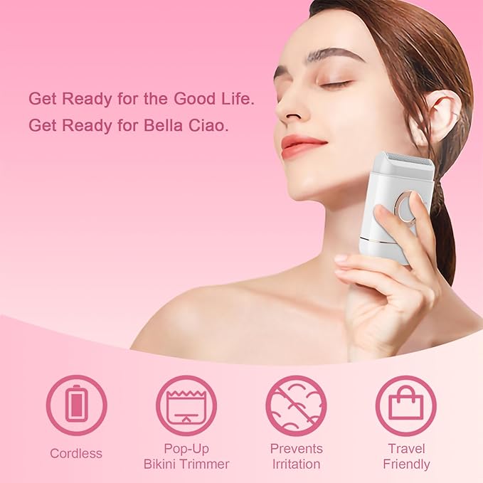 Bella Ciao Cordless Foil Shaver, Electric Bikini Trimmer for Women and Men, Portable Electric Shaver with Floating Foil Razor, Includes Protective Cap and Cleaning Brush, Batteries Not Included