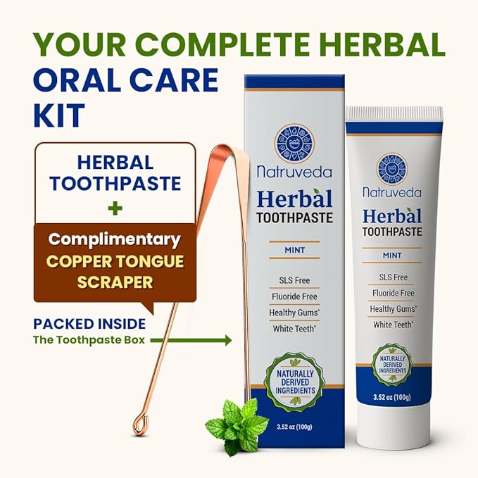 Natruveda Neem Herbal Toothpaste with Complimentary Copper Tongue Scraper | Fluoride Free, SLS Free, Natural Toothpaste for Adults | Ayurvedic Oral Care with Miswak | 3.52 oz (2 Pack)