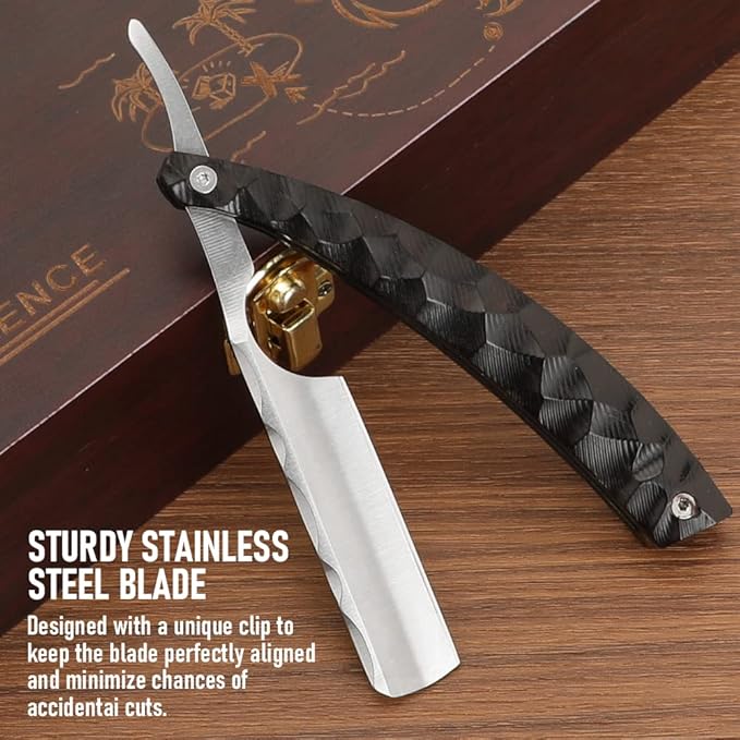Professional Straight Blade Razor Kit with Strop - Straight Edge Barber Razor Stainless Steel Sharp Shaver Razor for Men Home & Salon Grooming Using (Black)