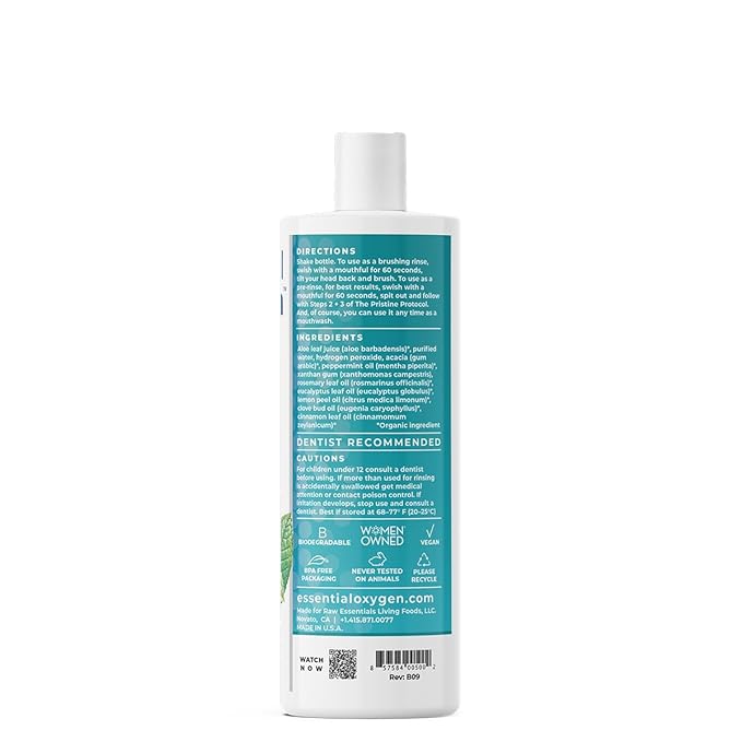 Essential Oxygen Certified BR Organic Brushing Rinse, All Natural Mouthwash for Whiter Teeth, Fresher Breath, and Happier Gums, Alcohol-Free Oral Care, Peppermint, 16 Ounce, Package may vary