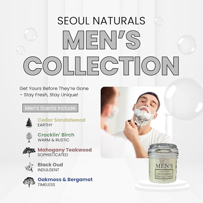 Seoul Naturals Earthy Cedarwood and Sandalwood Shaving Cream with Barber Brush, k beauty, 6 oz