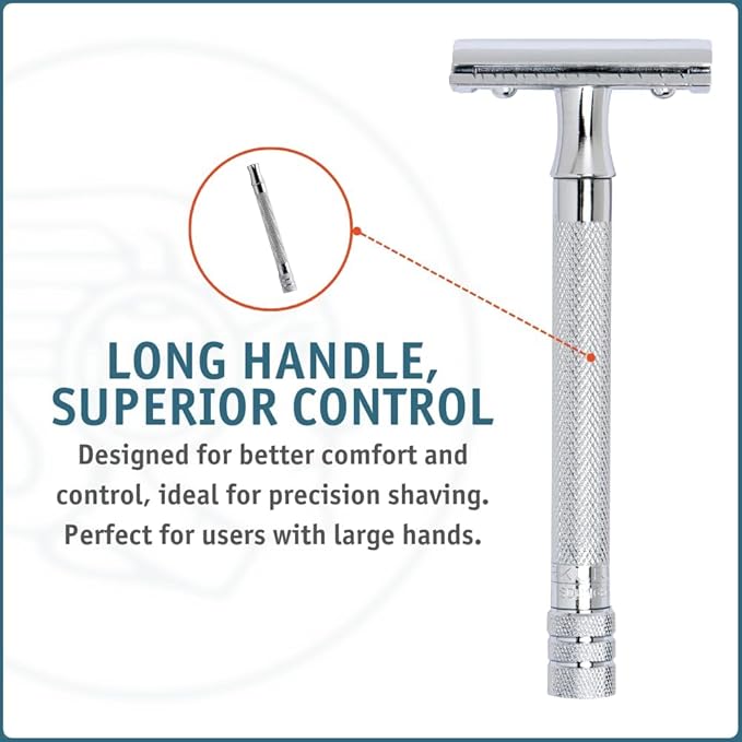 MERKUR 23C Double Edge Safety Razor - Polished Chrome, Long Knurled Brass Handle, Made in Germany, Plastic-Free, Three Piece Design, Closed Comb, Straight Bar