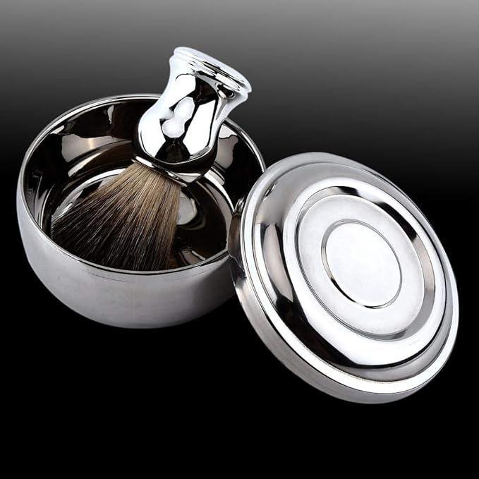 Men's Shaving Set with Alloy Soap Mug Bowl & Lid, Silver Handle Faux Hair Brush, Professional Grooming Kit for Men's Daily Shaving Routine - Complete Wet Shaving Essentials