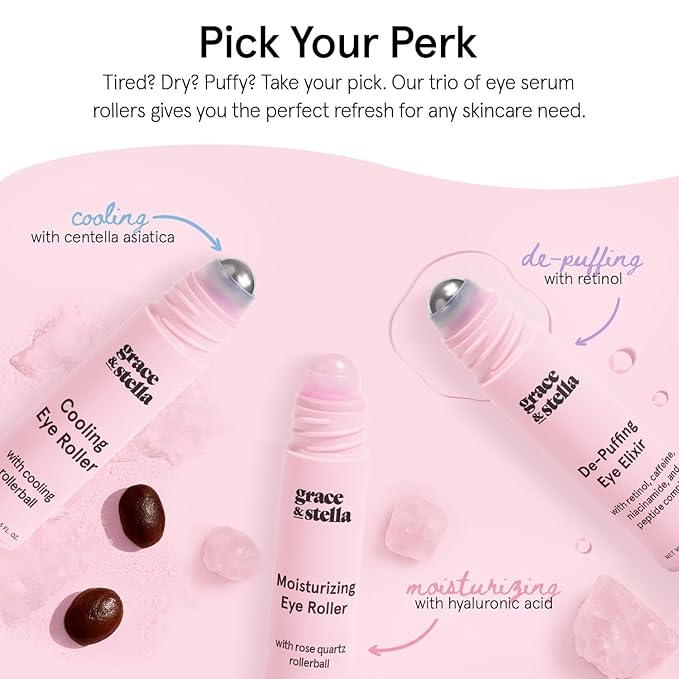 grace & stella Under Eye Brightener Roller - Airplane Travel Essentials - Travel Size Toiletries - Retinol & Caffeine Eye Serum for Puffiness, Dark Circles, Wrinkles - Vegan Skincare (15ml / 0.51floz)