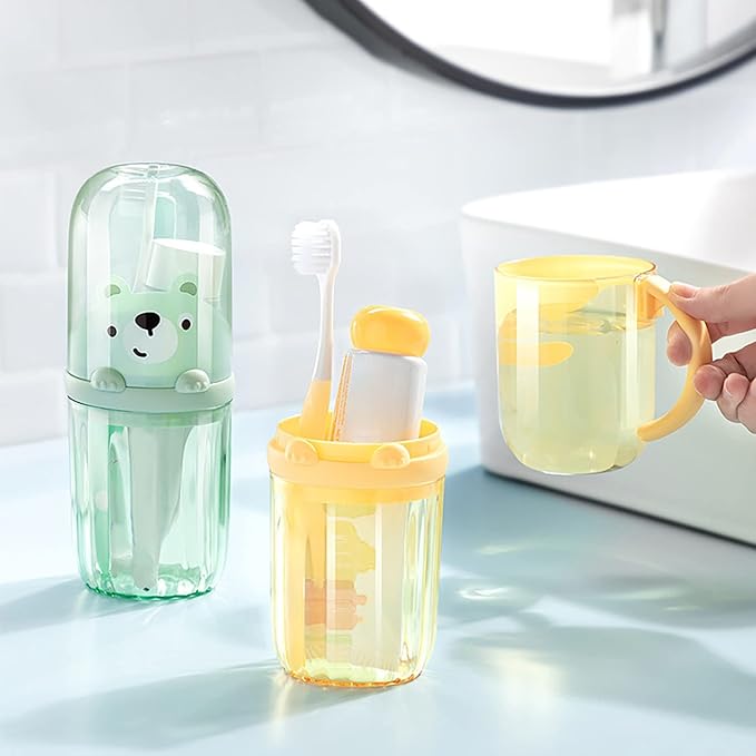 Cute Portable Toothbrush Holder Plastic Toothbrush Travel Case for Kids with Detachable Handle Multifuction Toothbrushes Toothpaste Storage Box Set for Camping Travel or Daily Use (Yellow)