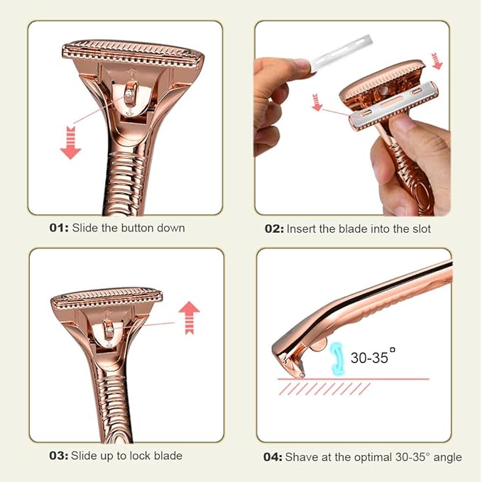 Single Blade Razors for Men and Women, Reusable Modular Safety Razor with Magnetic Head and Metal Non-Slip Grip, 10 Single Edge Razor Blades & Leather Case,Rose Gold Whiskers