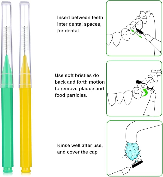 Patelai 100 Pieces Braces Brush for Cleaner Interdental Brush Toothpick Dental Tooth Flossing Head Oral Dental Hygiene Flosser Toothpick Cleaners Tooth Tool(Green, Yellow,Mixed Sizes)
