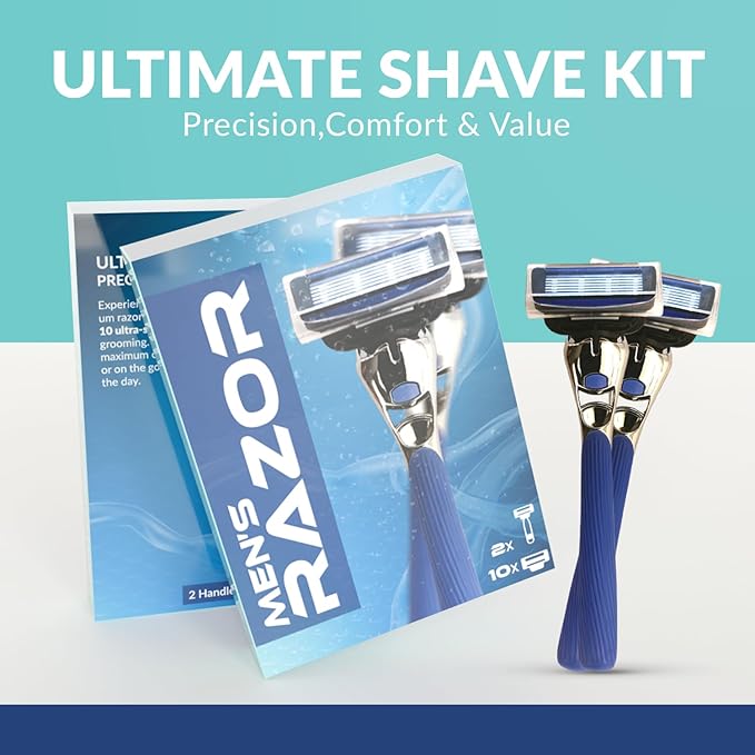 Men’s Razor with 2 Handles & 10 Refill Blades – 7 Blade for Smooth, Close Shave – Precision Trimmer – Refillable Razor for Men, All Skin Types