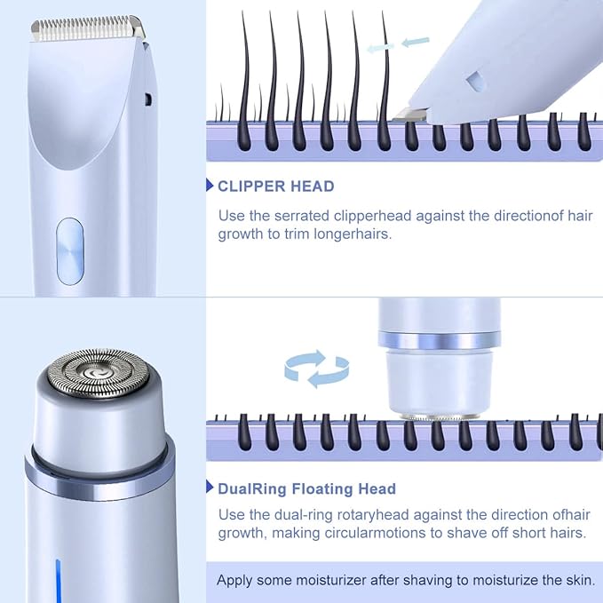 Women's Electric Shaver Bikini Trimmer for Women Razors 2-in-1 Dual Head Design IPX7 Waterproof Wet & Dry Use Body Groomer Hair Trimmer Remover for Facial Underarm Arm Face Leg Bikini (Blue)