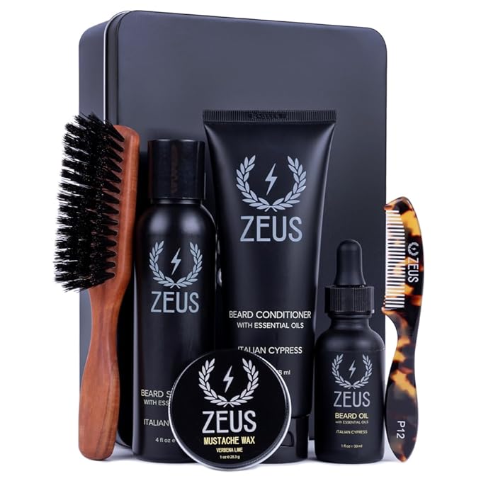ZEUS Holiday Beard Care Gift Set for Men, Complete Grooming Kit with Beard Wash, Oil, Mustache Wax, Comb & Brush in Metal Tin, Great Gift for Husband, Dad & Boyfriend (Limited Edition)