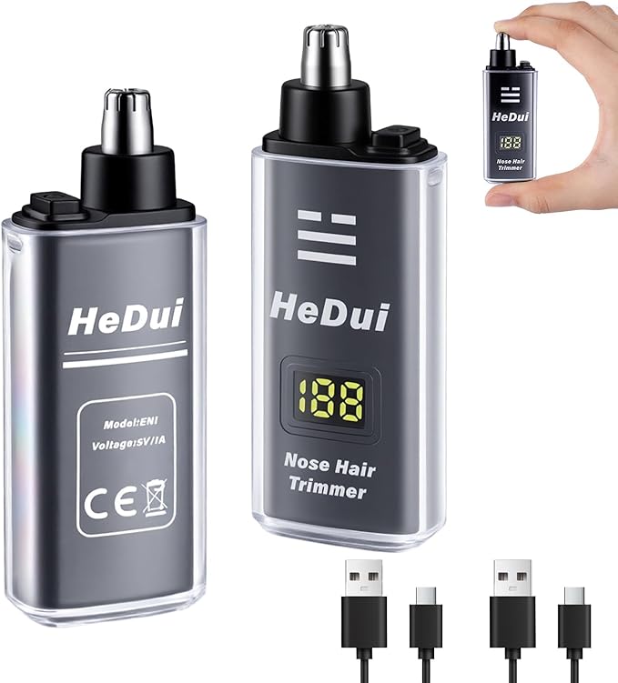 2 Pack Nose Hair Trimmer for Men and Women USB Rechargeable with Digital Display Nose and Ear Trimmer for Men Dual Edge Rotating Blades Easy Clean Detachable Head Compact and Travel Friendly