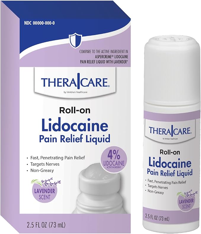 TheraCare 4% Lidocaine Roll-On | Soothing Lavender Scent | OTC Strength | Pain Relief Liquid | 2.5 oz. 73 mL | Topical Anesthetic