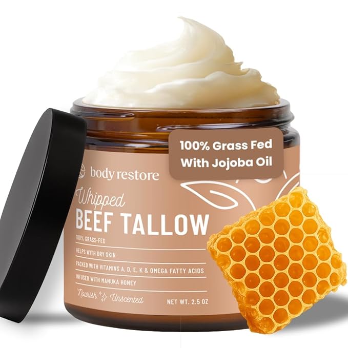 Body Restore Grass Fed Whipped Beef Tallow Balm for Face & Body – Manuka Honey, Jojoba Oil, Cocoa Butter – Deep Moisture for Dry, Cracked Skin – Non-Greasy, Fast Absorbing – Made in USA – Unscented