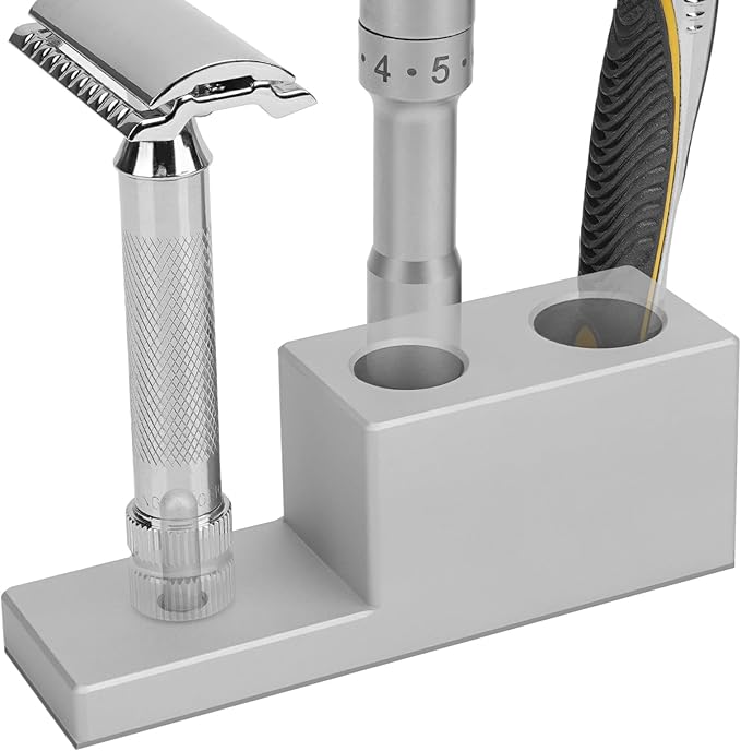 Linkidea Aluminum Alloy Razor Stand with Drainage Base , Compatible with Vikings Blade, Merkur Safety Razors, Collector Display Stand & Bathroom Organizer Gift for Men (Silver)