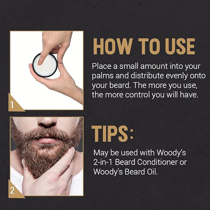 Woody's 2-in-1 Beard Balm for Men – Beard Softener for Men and Style Wax, Conditioner & Moisturizer Natural Beeswax, 2 oz