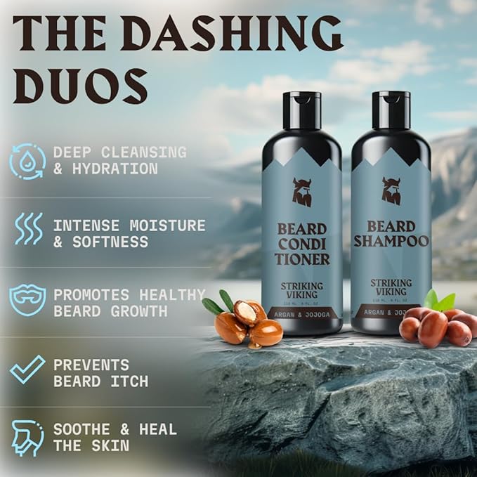 Striking Viking Beard Shampoo and Conditioner Set – 4 Fl Oz Each, Fresh Masculine Scent - Beard Wash and Conditioner for Men - Cleanses & Softens, with Argan & Jojoba Oil - Sulfate & Paraben Free