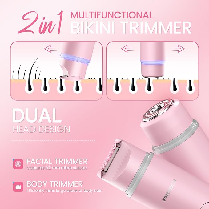 Bikini Trimmer for Women Dual Head Facial Hair Remover 2 in 1 Electric Razors for Women,Waterproof Public Hair Trimmer for Face,Underarm,Leg,USB-C Smart Light (Pink)