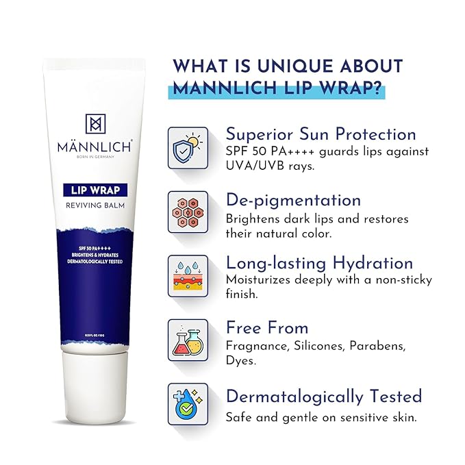 Mannlich Lip Balm For Men (10G) Lip Care With Spf 50 Pa++++ Protection - Lip Lightening For Dry & Chapped Lips - Moisturizes, Long-Lasting Hydration With 2% Kojic Acid & 1% Hyaluronic Acid, white