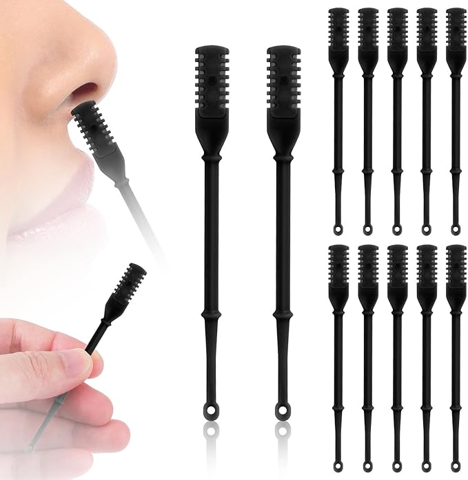 12pcs 2 in 1 Nasal Hair Cutter, 360 Rotating Nose Hair Trimmer for Men Women Double Sided Nose Hair Cleaner with Ear Picker Portable Manual Nostril Hair Removal Tool (Black)