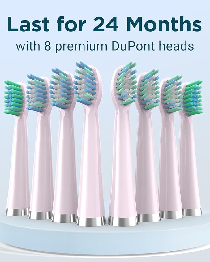 Rtauys M5 Sonic Electric Toothbrush for Adults and Kids - Rechargeable Electric Toothbrush Kids Ages 12+ and Adults with 8 Brush Heads & Travel Case, 120 Days Battery Life - Sakura Pink