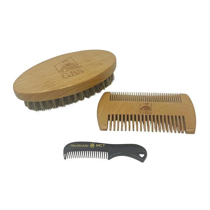 G.B.S Combo Set-3 Piece Kit Oval Wood Brush with Boar Bristles for Beard, Mustache with Bamboo Hard Comb