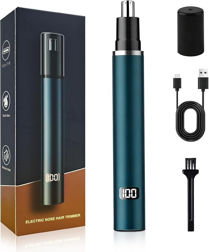 Ear and Nose Hair Trimmer Clipper, LED Display Professional Eyebrow & Facial Hair Trimmer for Men Women, Battery-Operated Trimmer with IPX7 Waterproof, Dual Edge Blades for Easy Cleaning