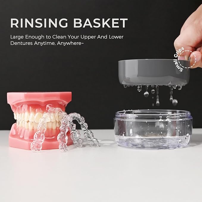 HEMILAB Denture Case, 2-in-1 Retainer Cleaner Case with Mirror & Strainer, Portable Aligner Bath Soaking Cup for Travel, Cute Orthodontic Storage Box for Mouth Guard, Night Guard & False Teeth, Grey
