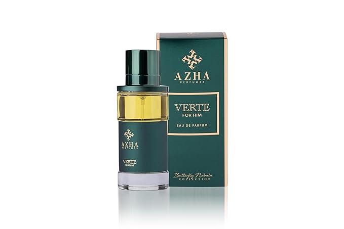 Azha Perfumes Verte Eau de Parfum for Men, Green Spicy Leather Fragrance Spray with Cardamom, Cypress, Violet, Sandalwood & Vanilla, Long Lasting Men's Cologne, Butterfly Nebula Collection, 3.4 Fl Oz