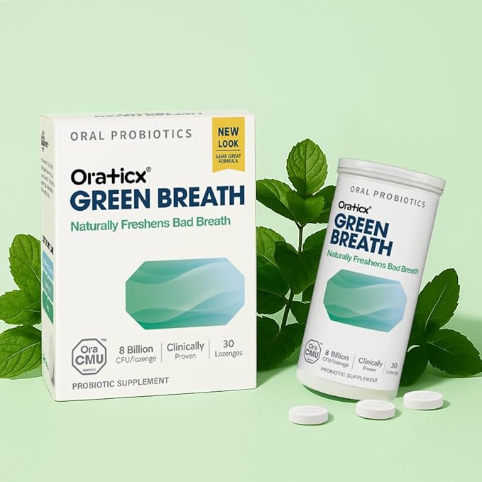 OraTicx Oral Probiotics Green Breath, Freshen Bad Breath, Dental Probiotic Supplement for Oral Health, 8 Billion CFU, Mint Flavor 30 Lozenges 2-Pack