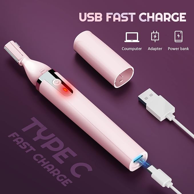Eyebrow Trimmer Electric Eyebrow Razor for Women, Rechargeable Facial Hair Shaver Painless Detail Trimmer with Rinseable Blade for Face Neck Lips (Pink)