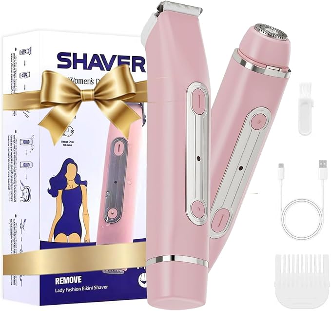 Bikini Trimmer for Women - 2 in 1 Dual Head Electric Razor, Painless Pubic & Body Hair Remover for Face, Legs, Underarms, IPX6 Waterproof, Cordless Rechargeable for Travel, Gift for Her (Pink)