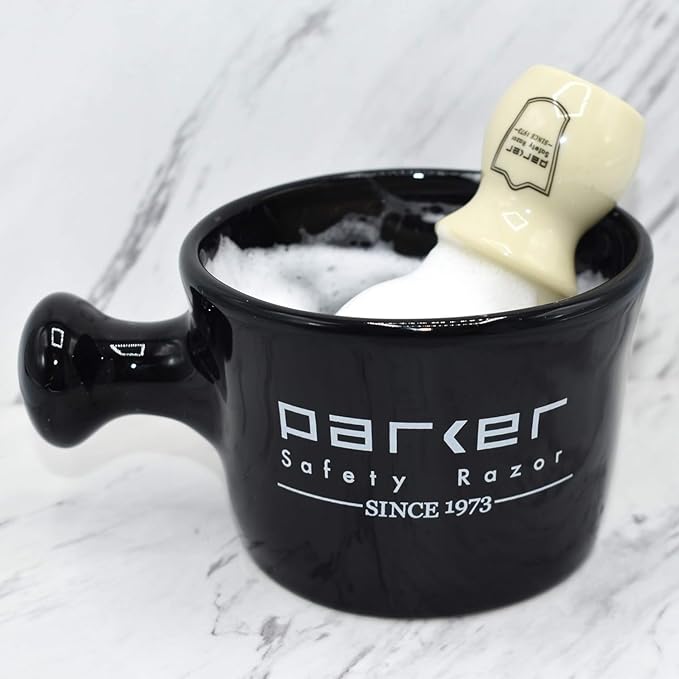 Parker Deluxe Stoneware Apothecary Shaving Mug – for use with up to 3” Shave Soaps and Lathering Shave Creams – Handmade in the USA (Black)